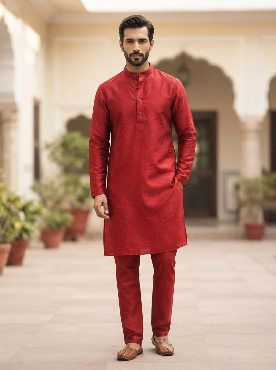 Red Solid Regular Fit Kurta Set