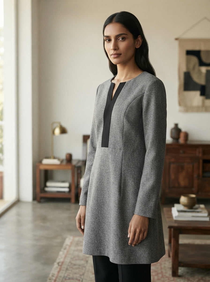 Grey Solid Long Sleeve Tunic Top