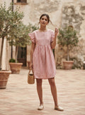Red and White Striped Ruffled Sleeve Dress