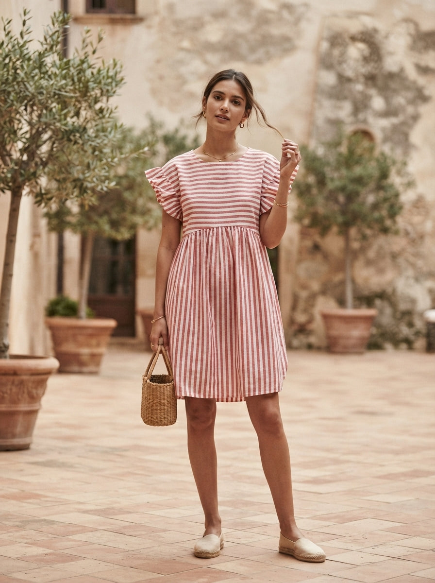 Red and White Striped Ruffled Sleeve Dress
