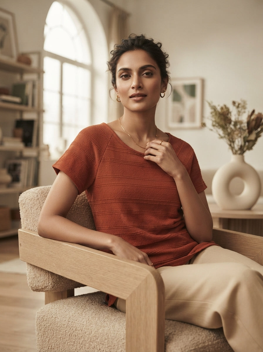 Rust Self-Design Knit Regular Fit Top