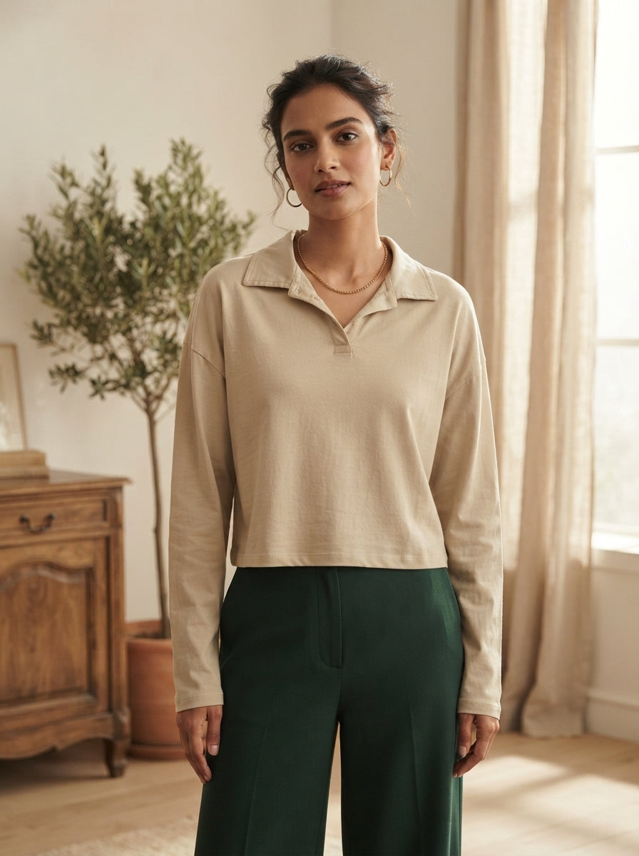 Beige Solid Knit Polo Collar Long Sleeve Relaxed Fit Top