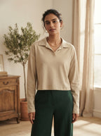 Beige Solid Knit Polo Collar Long Sleeve Relaxed Fit Top