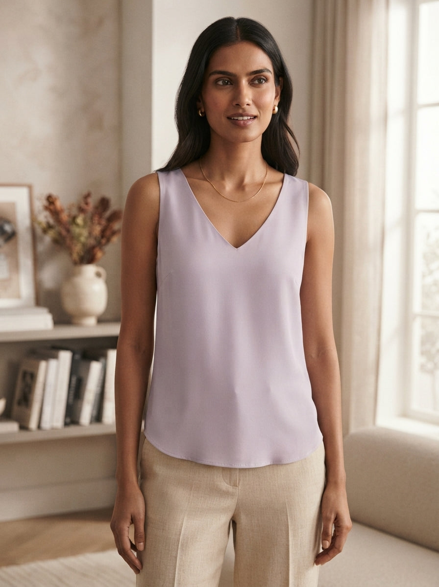 Lavender Solid V-Neck Sleeveless Top