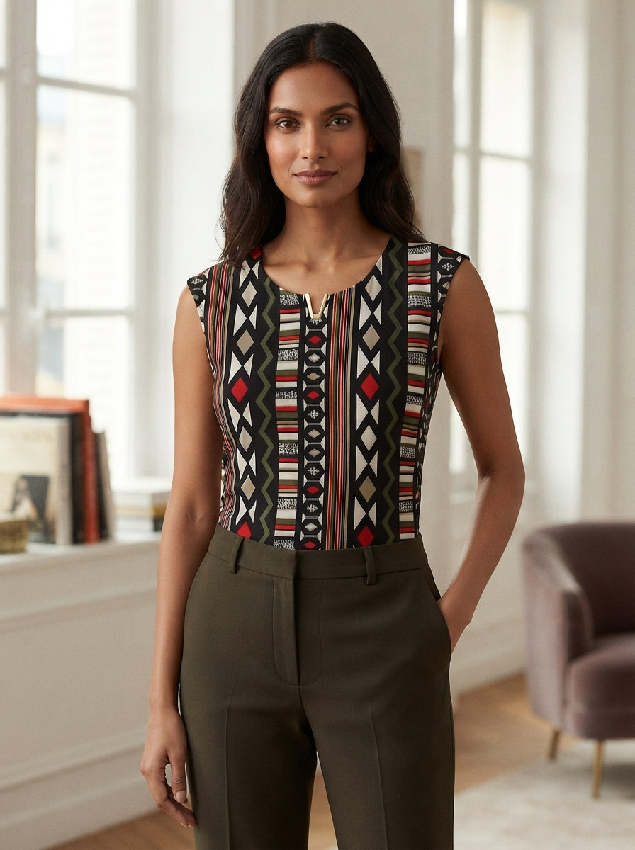Black Geometric Print Sleeveless Top