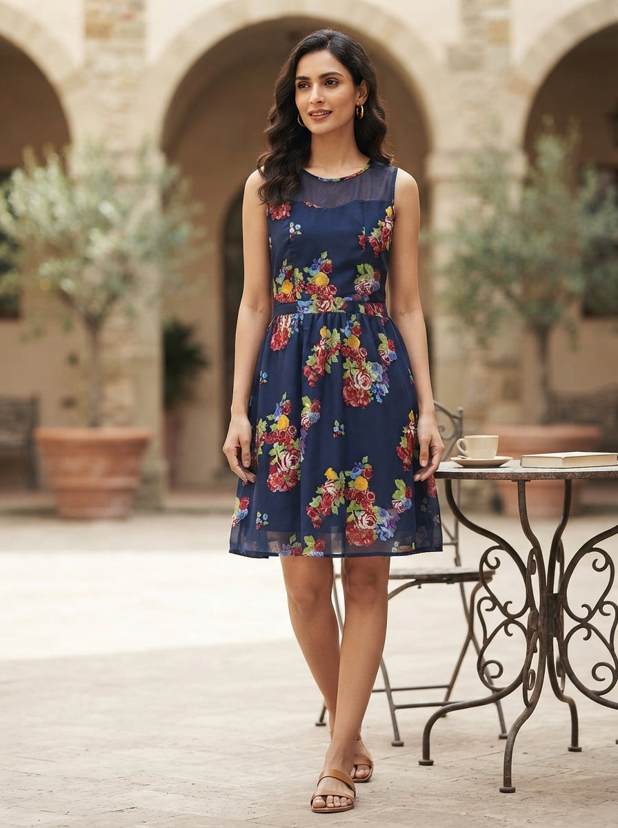 Navy Floral Printed Sleeveless A-line Dress