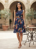 Navy Floral Printed Sleeveless A-line Dress