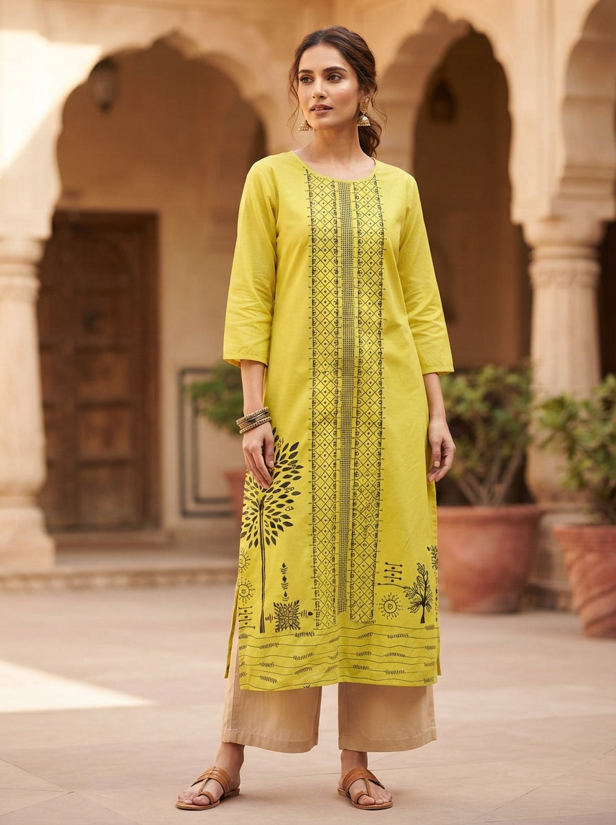 Lemon Ethnic Print Cotton Kurti