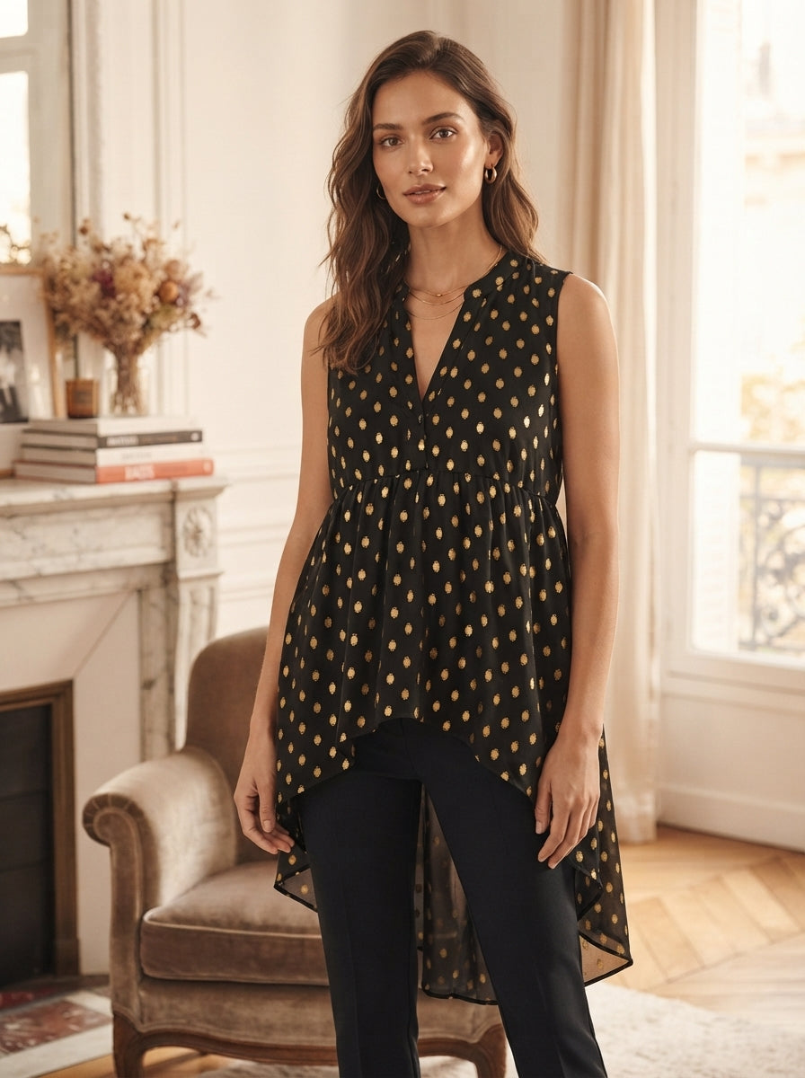 Women's Black Gold Polka Dot Sleeveless High-Low Top