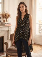 Women's Black Gold Polka Dot Sleeveless High-Low Top