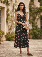 Black Floral Printed A-line Midi Dress