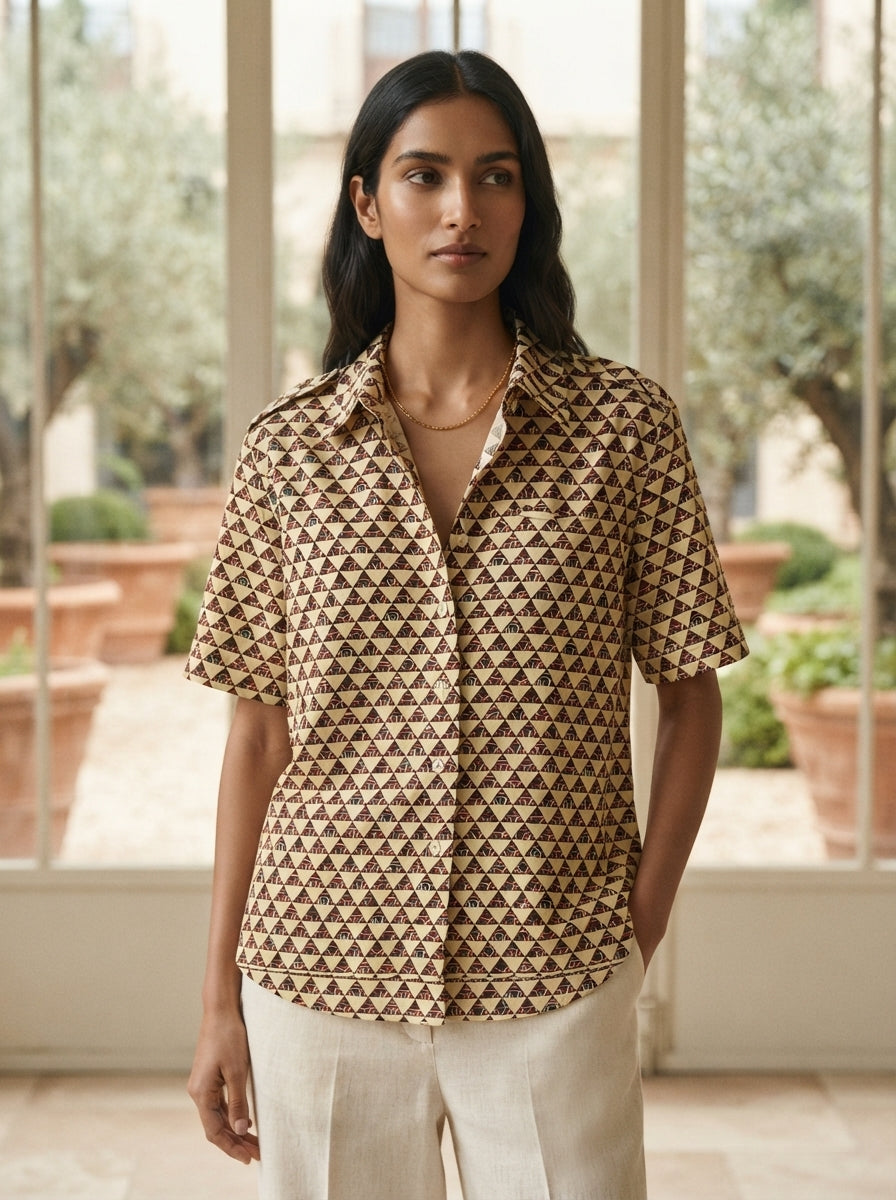 Cream Geometric Print Casual Shirt