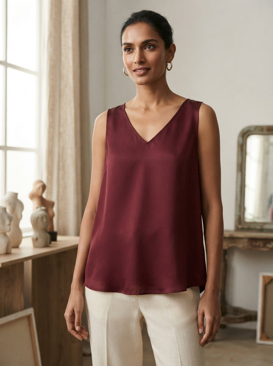Women's Burgundy V-Neck Sleeveless Relaxed Fit Top