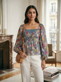 Light Blue Floral & Butterfly Print Smocked Top