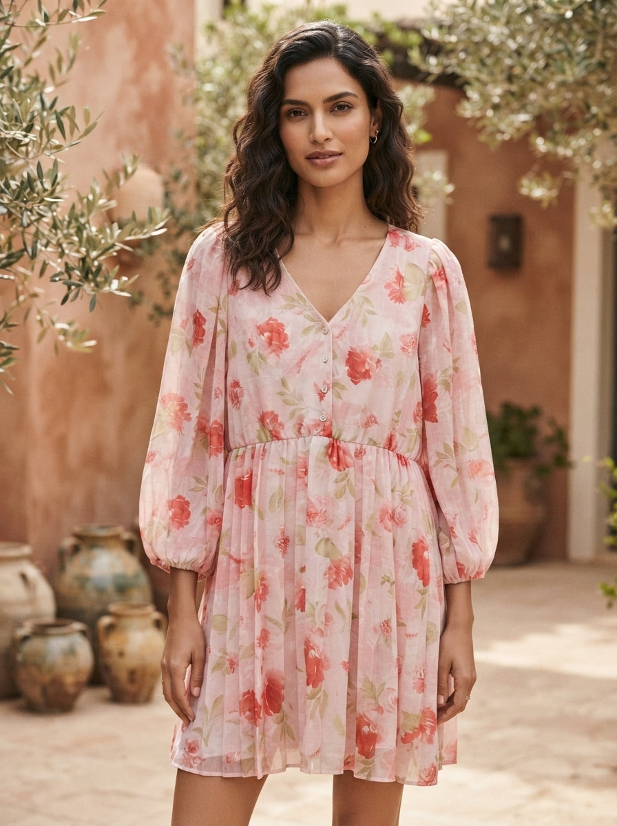 Women's Pink Floral Printed Casual Dress