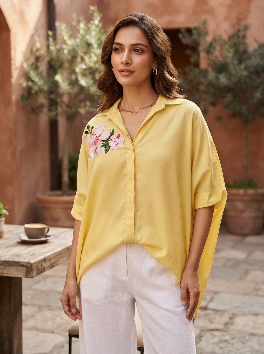 Yellow Floral Embroidered Relaxed Fit Top