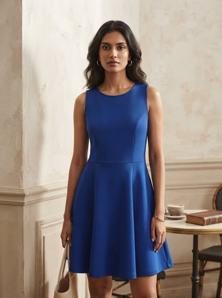 Solid Blue Sleeveless Flared Dress