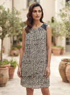 Women's Off White & Black Abstract Print Sleeveless Dress