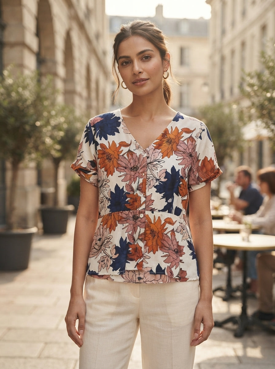 Women's Multi Floral Print V-Neck Short Sleeve Top