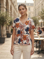 Women's Multi Floral Print V-Neck Short Sleeve Top