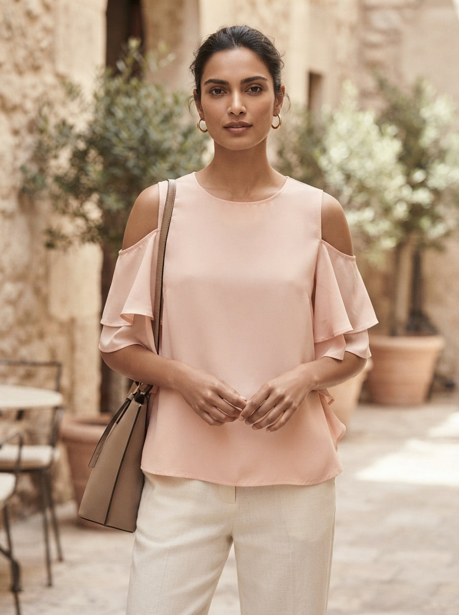 Peach Solid Cold Shoulder Ruffled Top