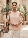 Peach Solid Cold Shoulder Ruffled Top