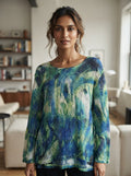 Women's Multi-Color Abstract Print Knit Long Sleeve Top
