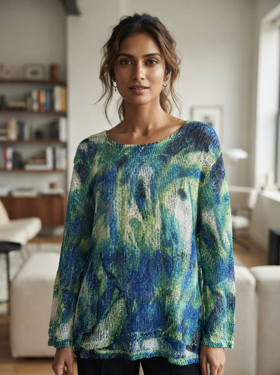 Women's Multi-Color Abstract Print Knit Long Sleeve Top