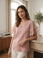 Women's Pink Solid V-Neck Top with Dotted Mesh Sleeves