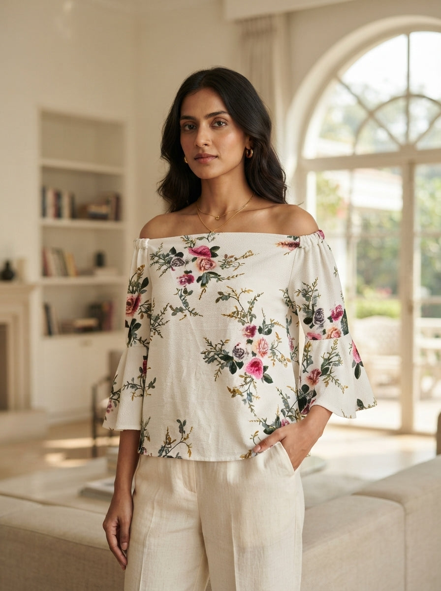 Women's White Floral Print Off-Shoulder Top