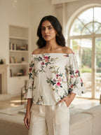 Women's White Floral Print Off-Shoulder Top