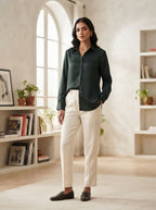 Dark Green Solid Polyester Casual Shirt