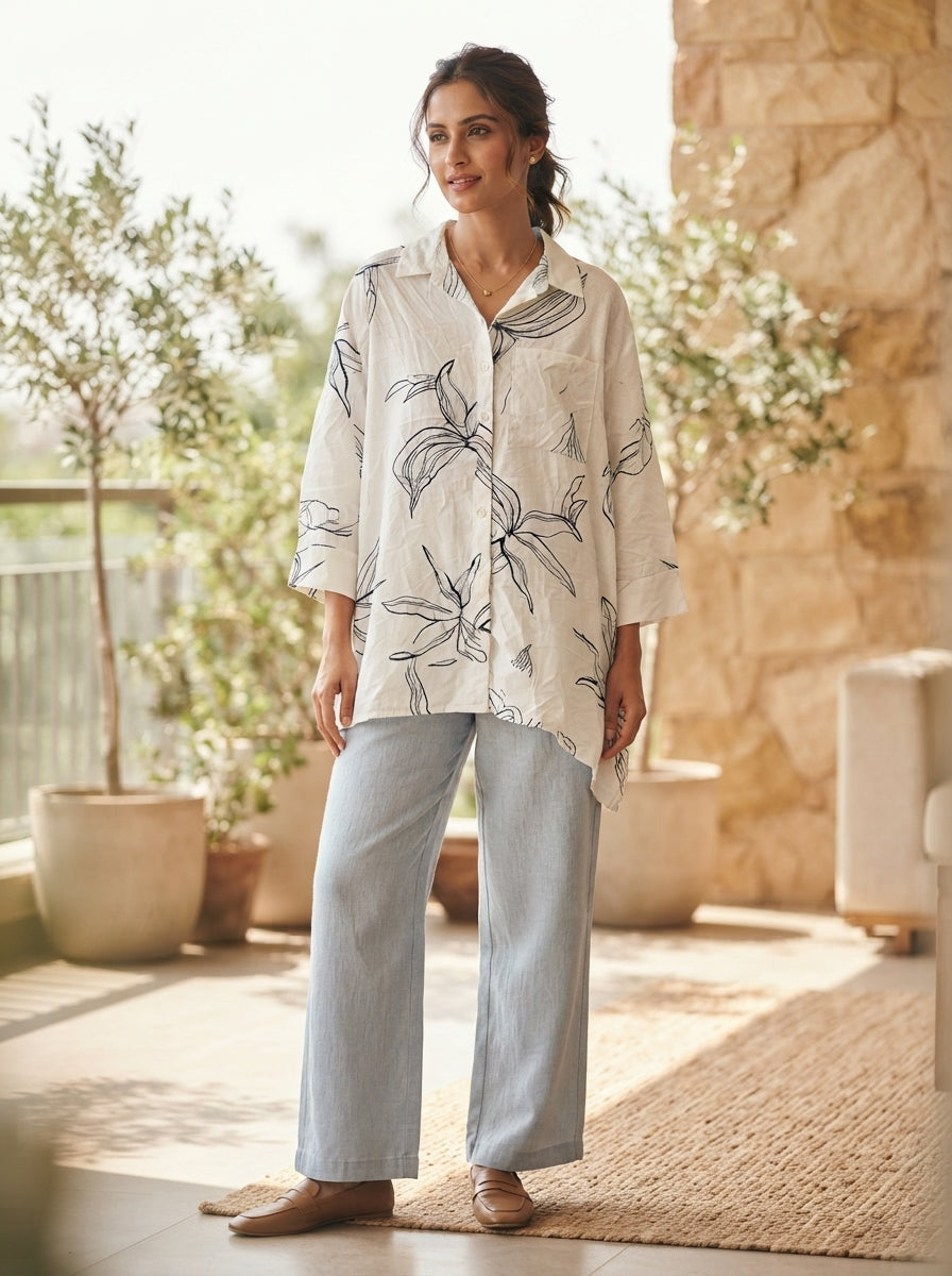 White Floral Printed Oversized Casual Shirt