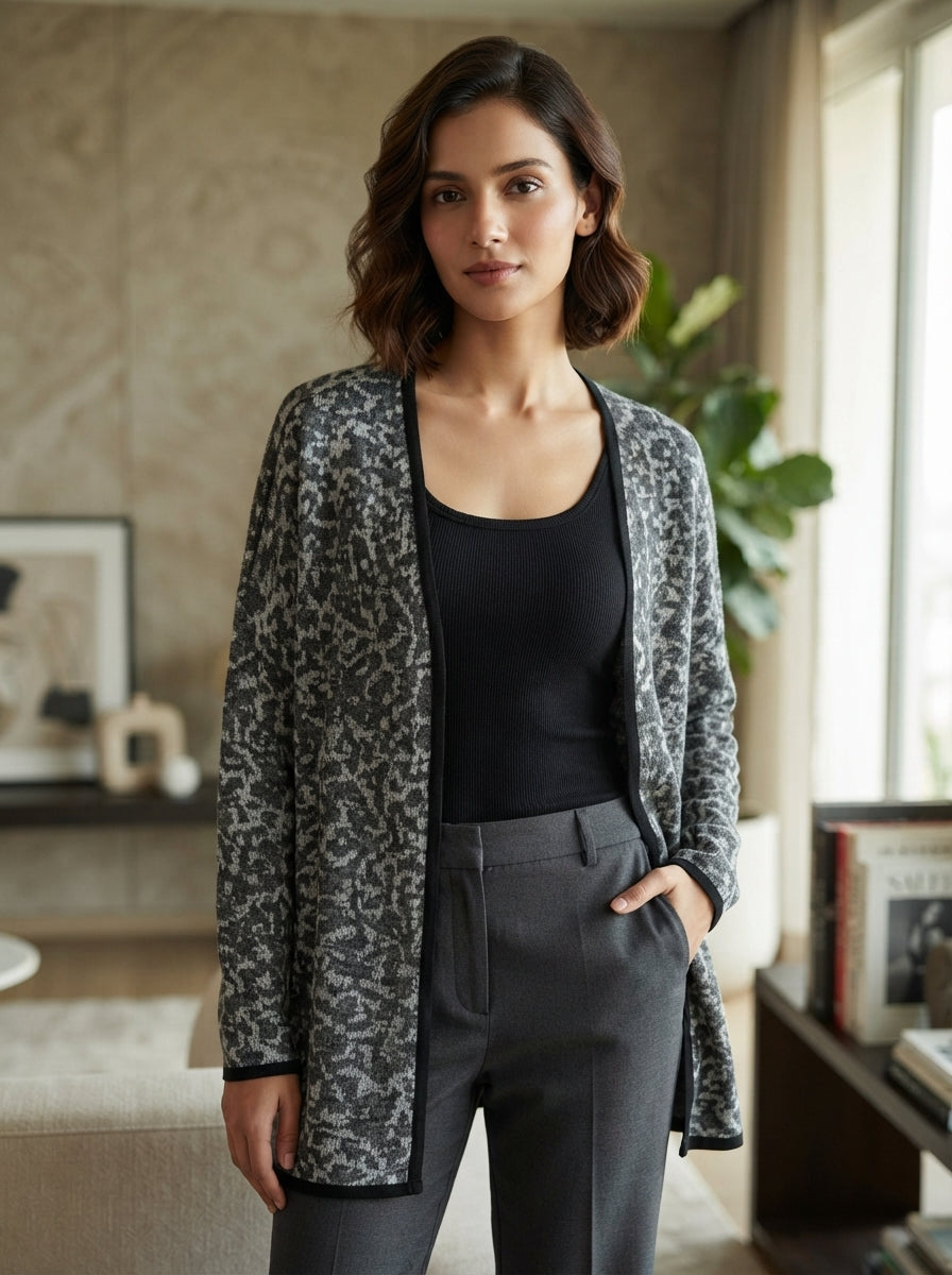 Women's Grey Abstract Print Relaxed Fit Cardigan
