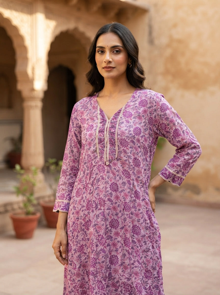 Light Purple Floral Printed Regular Fit Kurti