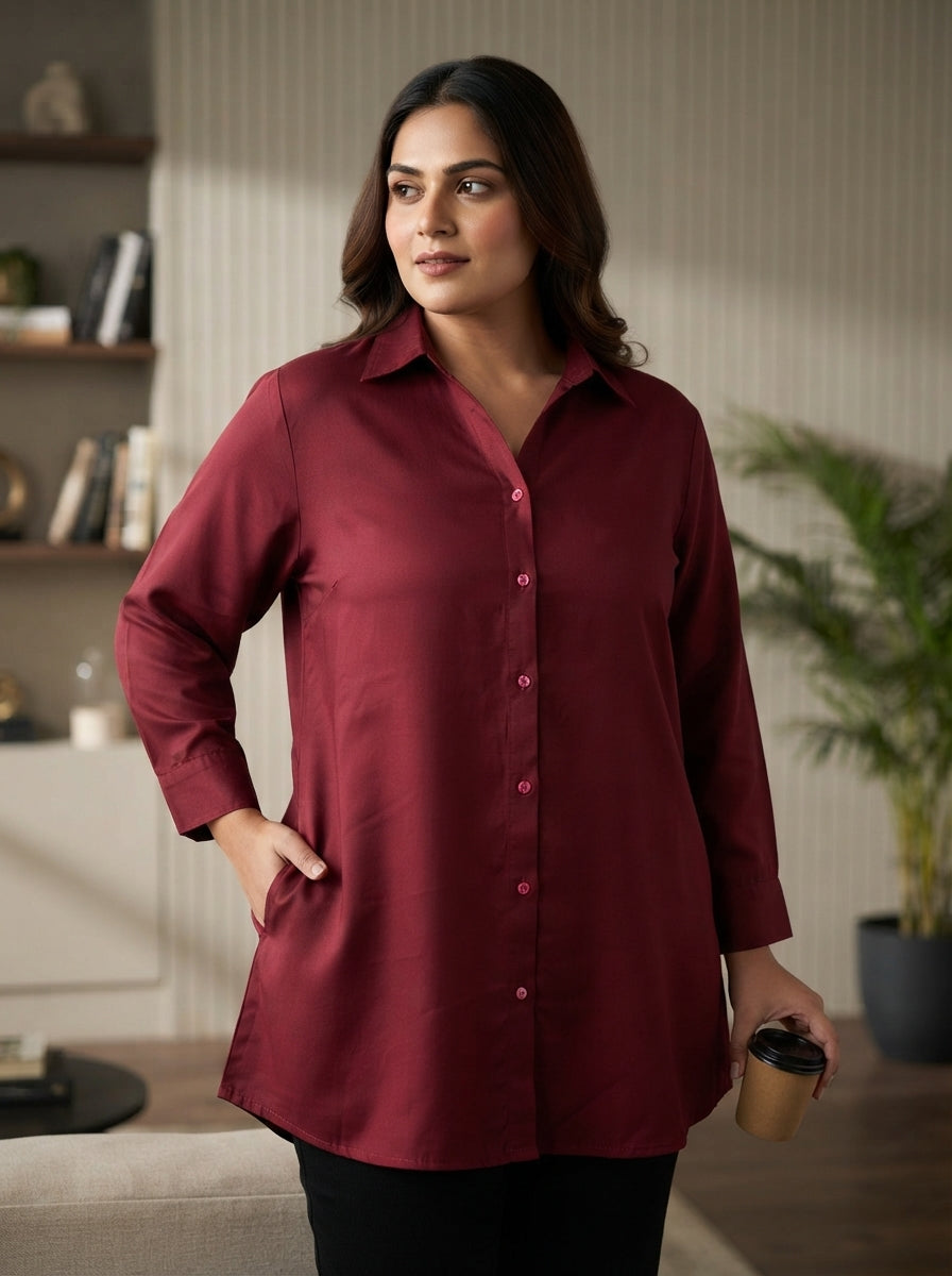 Burgundy Solid Collared Tunic Top