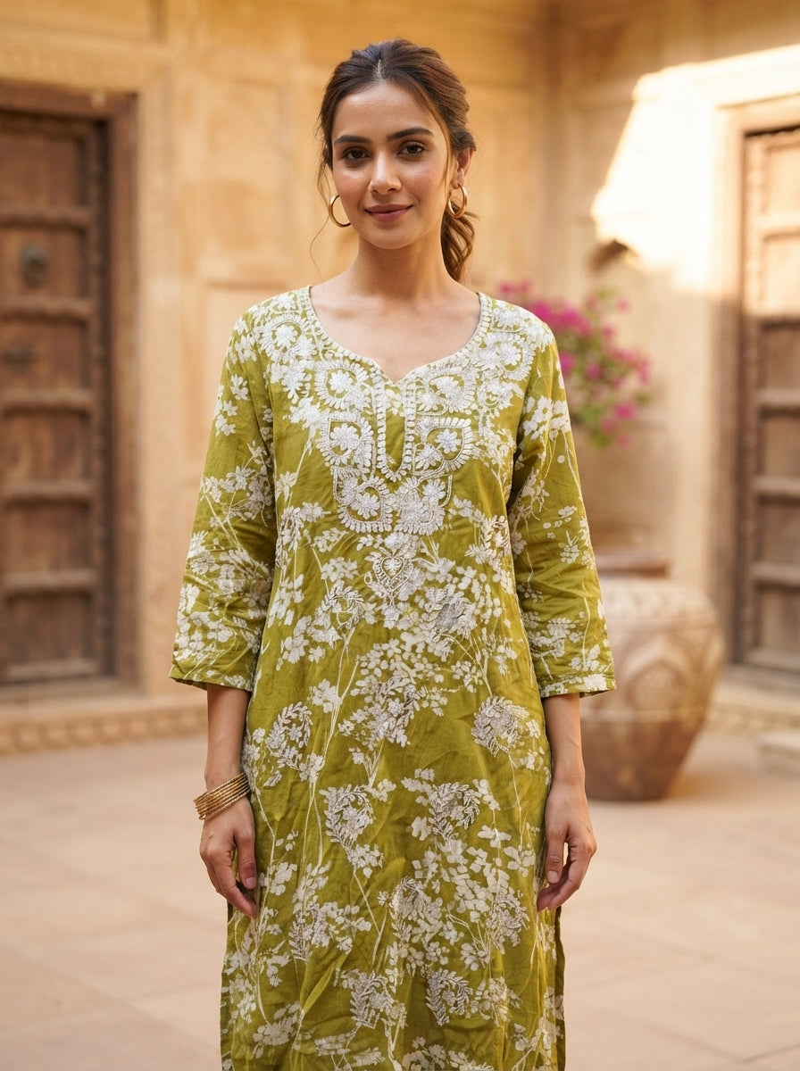Women's Olive Green Ethnic Embroidered Kurti