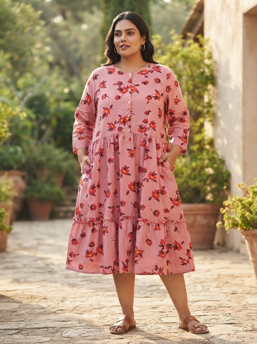 Pink Floral Printed Tiered Relaxed Fit Dress