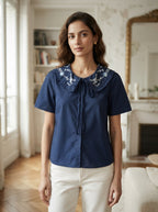 Women's Navy Floral Embroidered Collar Short Sleeve Top