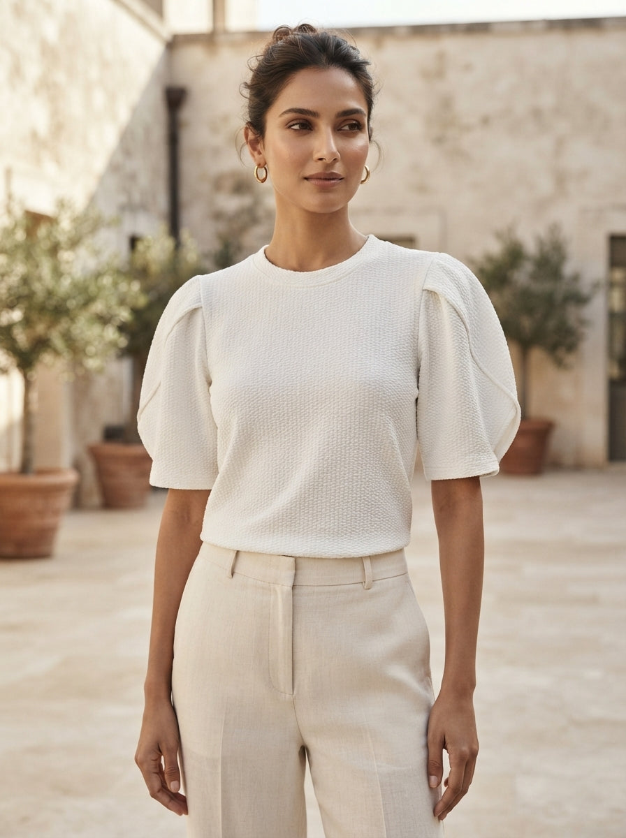 White Textured Knit Regular Fit Top