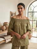 Women's Olive Embellished Smocked Top