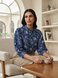 Women's Blue Floral Printed Regular Fit Top