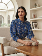Women's Blue Floral Printed Regular Fit Top