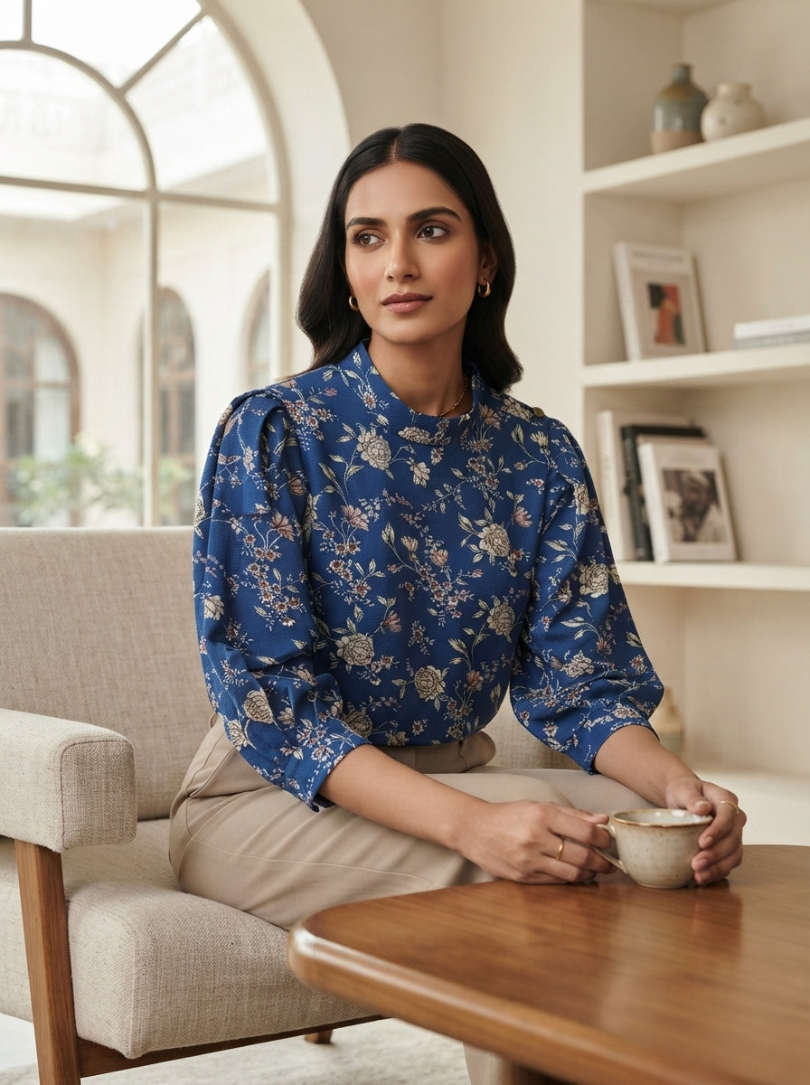 Women's Blue Floral Printed Regular Fit Top