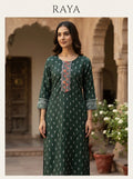 Dark Green Ethnic Print Viscose Kurti with Embroidered Yoke