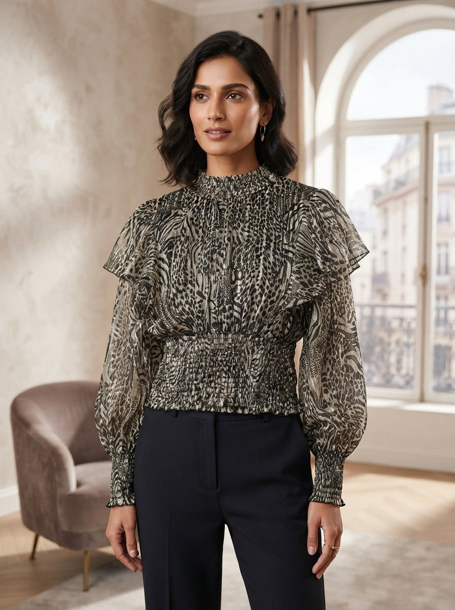 Women's Multi Animal Print Shimmer High Neck Smocked Top