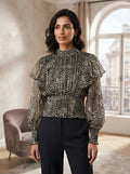 Women's Multi Animal Print Shimmer High Neck Smocked Top