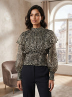 Women's Multi Animal Print Shimmer High Neck Smocked Top