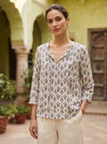 White Ethnic Print V-Neck Top