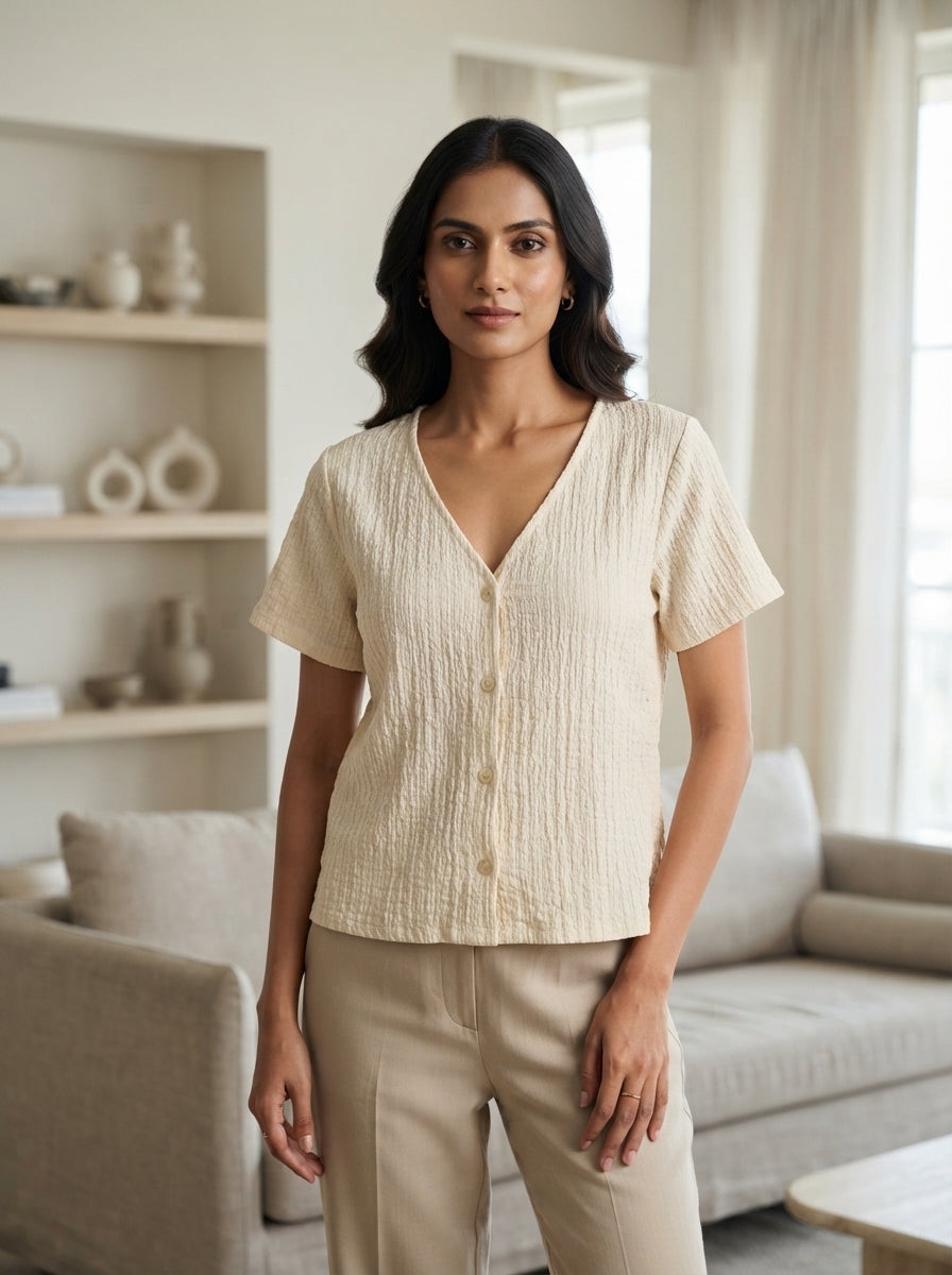 Cream Textured V-Neck Short Sleeve Top